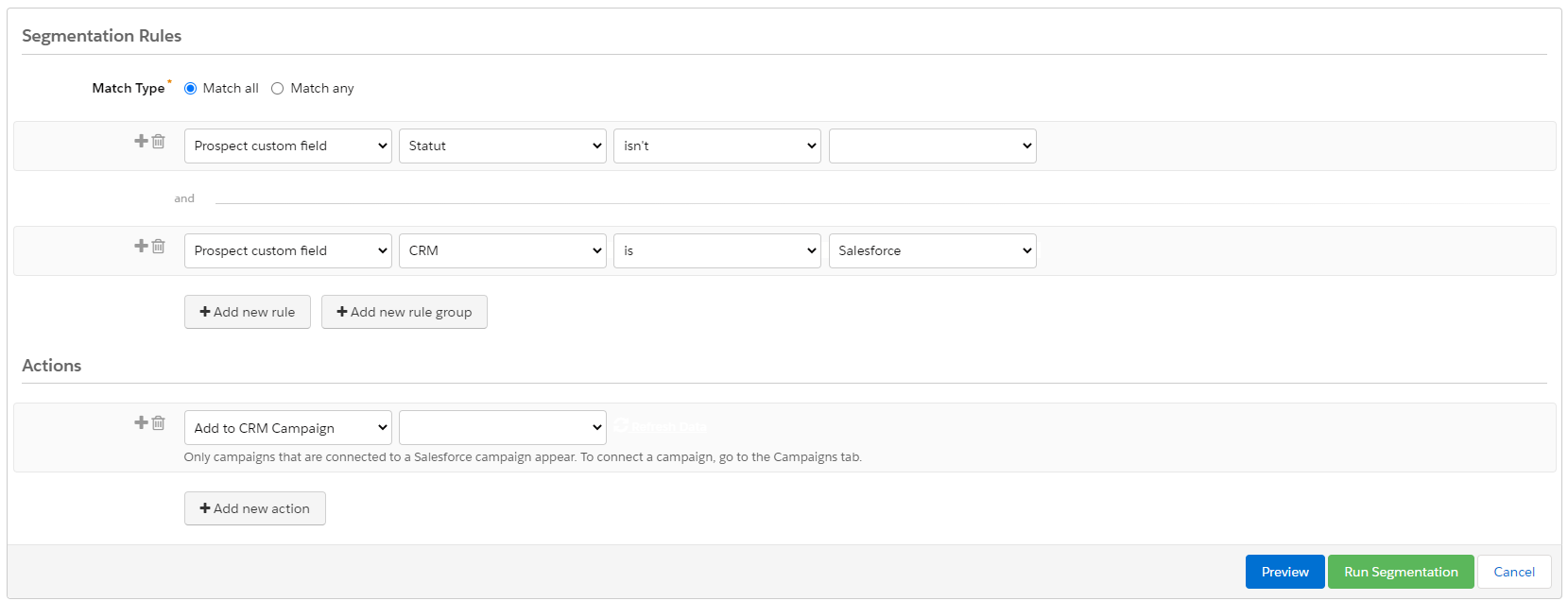 Capture règle de segmentation actions