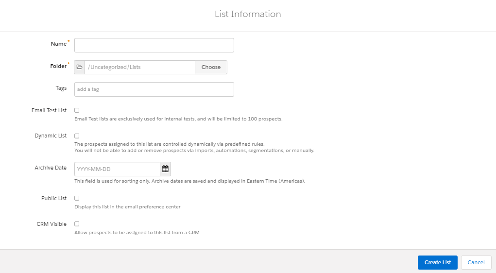 Création d'une liste de segmentation Pardot